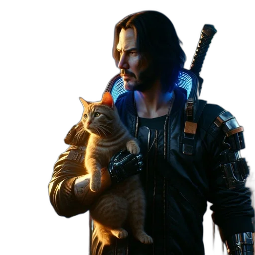 weapon, animal, jacket, staff, concept art, cyberpunk, pixel art, man transparent PNG cut-out