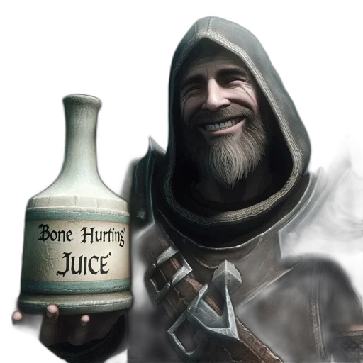 bottle, concept art, fantasy art, photorealistic, smiling, hooded, man, holding transparent PNG cut-out