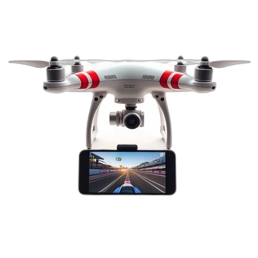 white, drone, red, accents, camera, attached, displayed, against transparent PNG cut-out