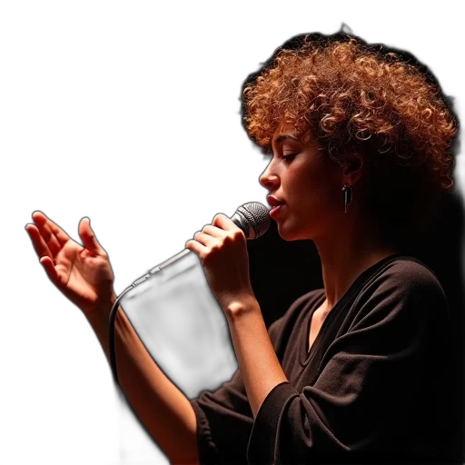 bottle, photorealistic, underwater, person, curly, hair, singing, into transparent PNG cut-out