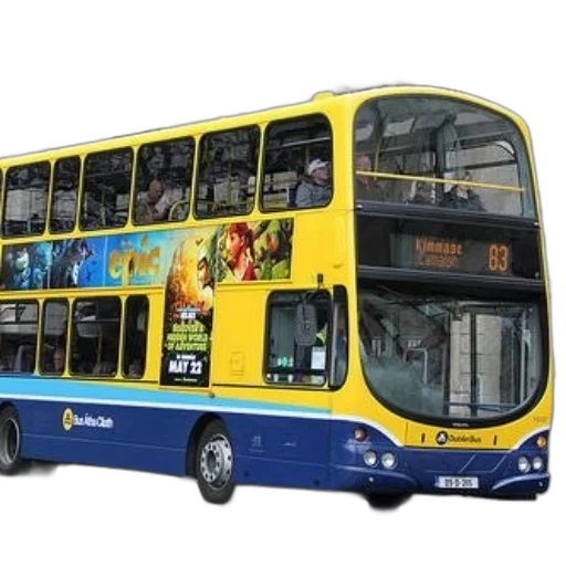 photorealistic, concept art, yellow, blue, double-decker, bus, advertisement, epic transparent PNG cut-out