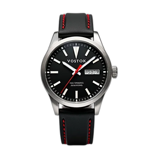 black, silver, wristwatch, strap, red, stitching, displayed, against transparent PNG cut-out