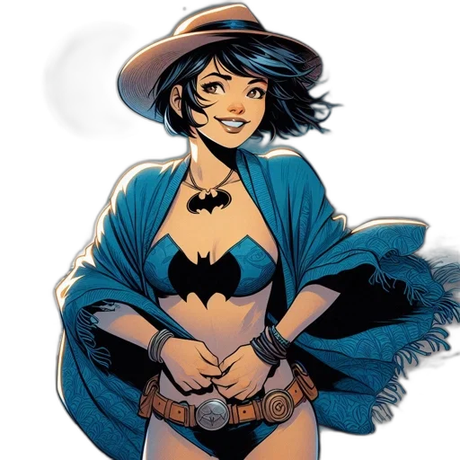 comic book art, concept art, cartoon, woman, wearing, bat-emblem, bikini, stands transparent PNG cut-out