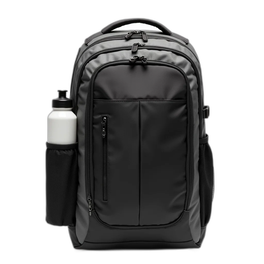 jacket, 3d render, black, grey, backpack, water, bottle, holder transparent PNG cut-out