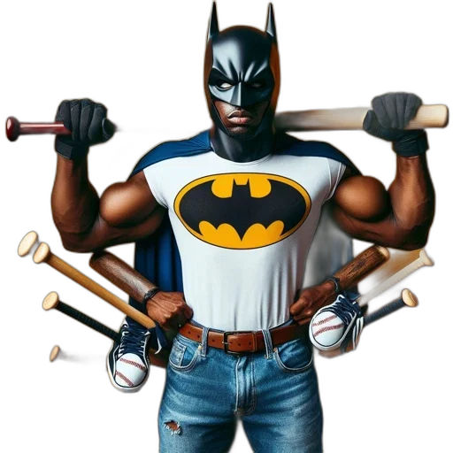 comic book art, concept art, cartoon, photorealistic, individual, dressed, batman, holds transparent PNG cut-out