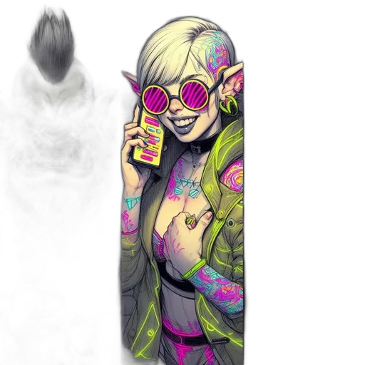 jacket, mask, staff, creature, concept art, cyberpunk, vaporwave, comic book art transparent PNG cut-out