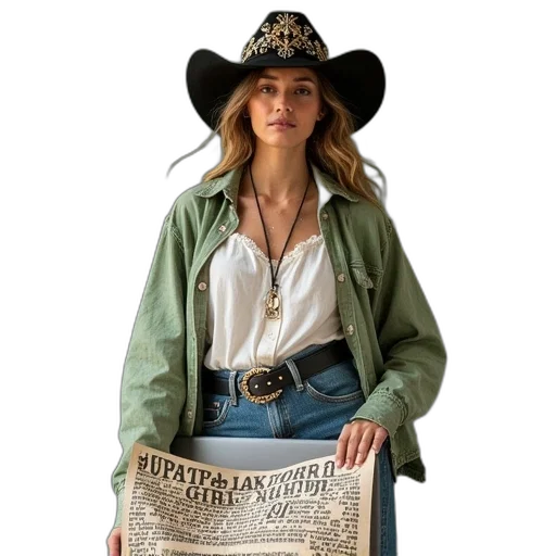 jacket, hat, weapon, cowboy, girl, laptop, skin, white transparent PNG cut-out
