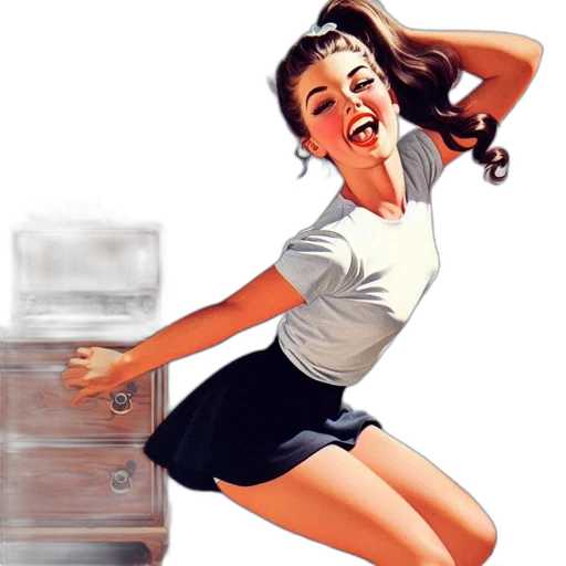 furniture, photorealistic, comic book art, concept art, illustration, displays, young, woman transparent PNG cut-out