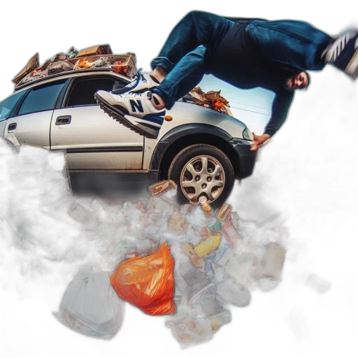 car, fire, upended, driver, flung, into, air, amid transparent PNG cut-out