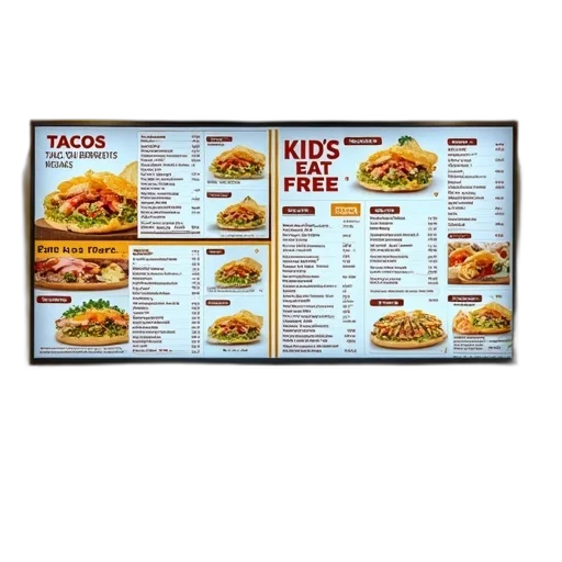food, 3d render, large, digital, menu, board, displaying, various transparent PNG cut-out