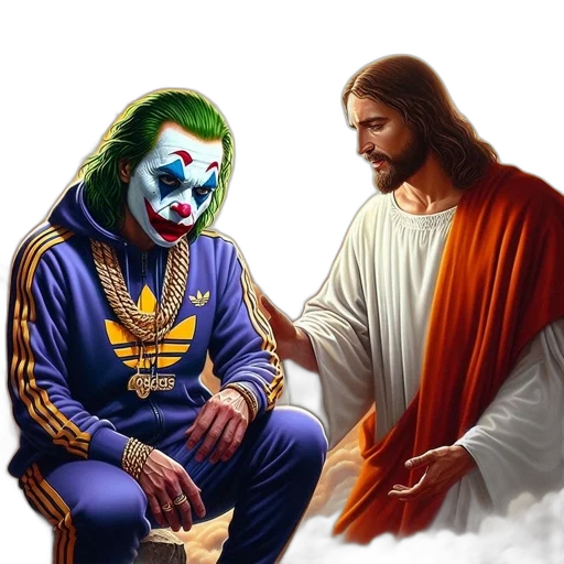 concept art, photorealistic, two, contrasting, figures, casually-clad, clown, green transparent PNG cut-out