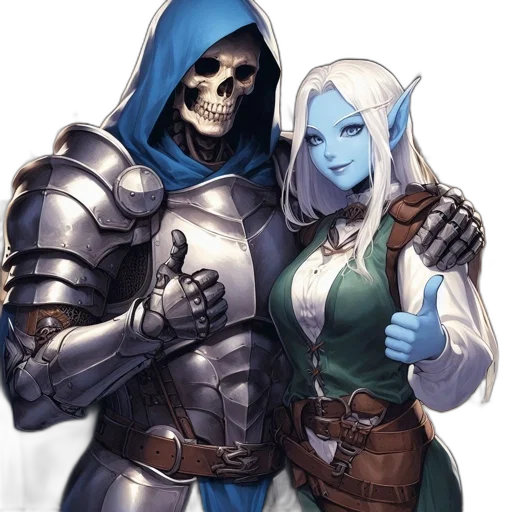 fantasy art, concept art, comic book art, pixel art, blue, monochrome, two, characters transparent PNG cut-out