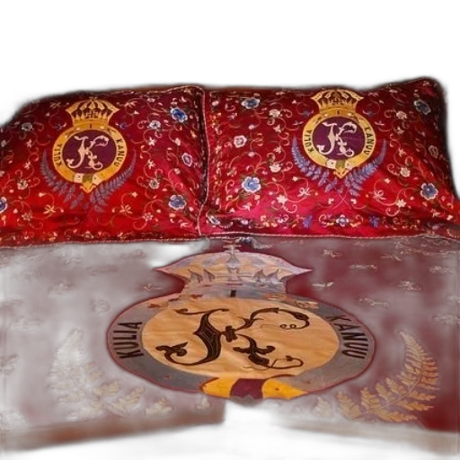 crown, bed, red, sheets, pillows, featuring, gold, blue transparent PNG cut-out