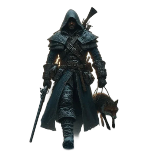 weapon, staff, sword, jacket, concept art, fantasy art, 3d render, pixel art transparent PNG cut-out