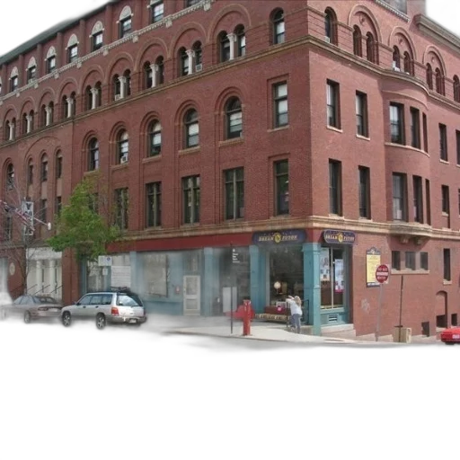 building, 3d render, photorealistic, concept art, city street, red, brick, arched transparent PNG cut-out