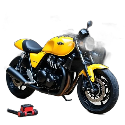 photorealistic, 3d render, concept art, yellow, motorcycle, black, seat, parked transparent PNG cut-out