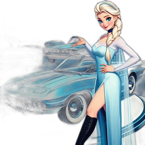 dress, car, concept art, fantasy art, comic book art, cartoon, blue, pastel transparent PNG cut-out