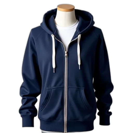 jacket, 3d render, blue, navy, hoodie, white, drawstring, zipper transparent PNG cut-out