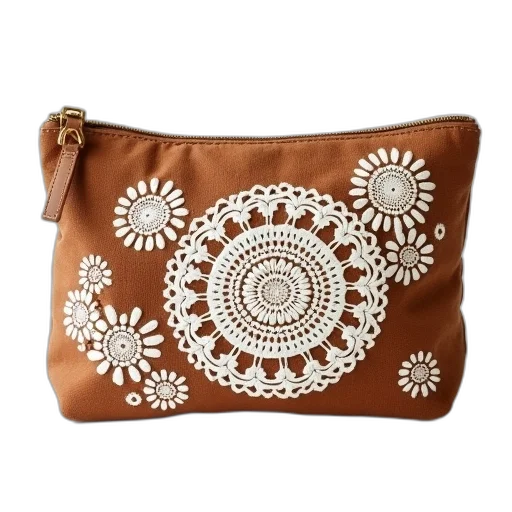 earth tones, brown, white, doily, pattern, carry, all, pouch transparent PNG cut-out