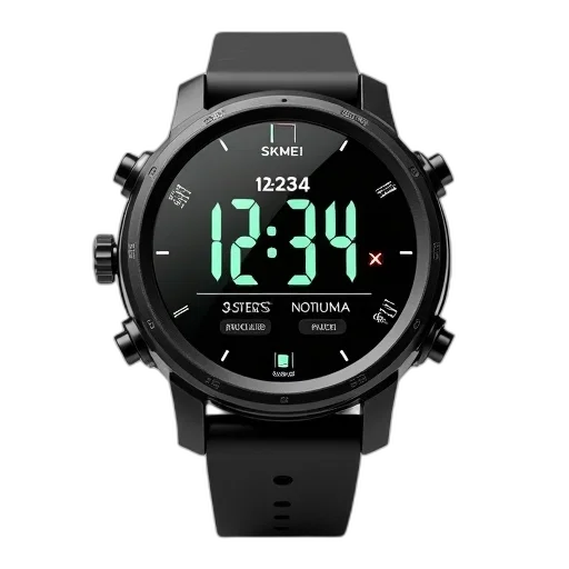 black, digital, sports, watch, strap, displayed, against, white transparent PNG cut-out