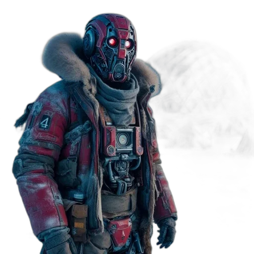 jacket, mask, face, creature, concept art, cyberpunk, 3d render, comic book art transparent PNG cut-out