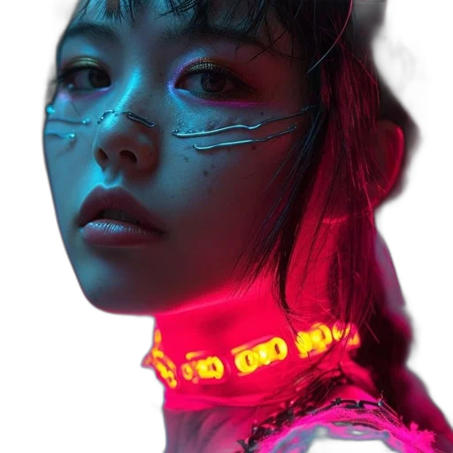 robot, face, mask, jewelry, cyberpunk, photorealistic, vaporwave, 3d render transparent PNG cut-out