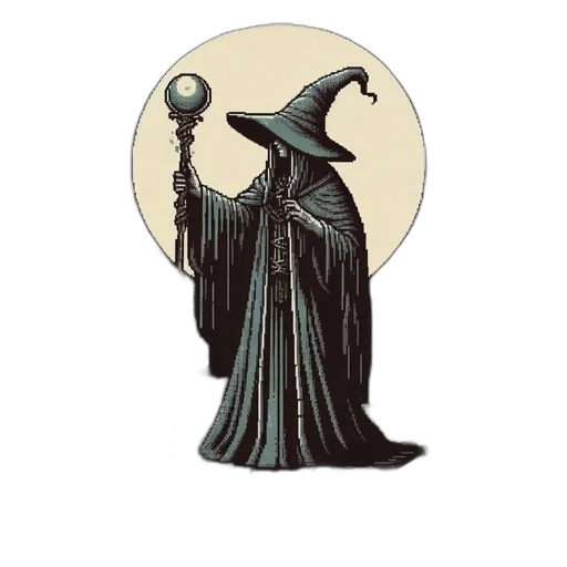 staff, mask, dress, hat, concept art, fantasy art, pixel art, comic book art transparent PNG cut-out
