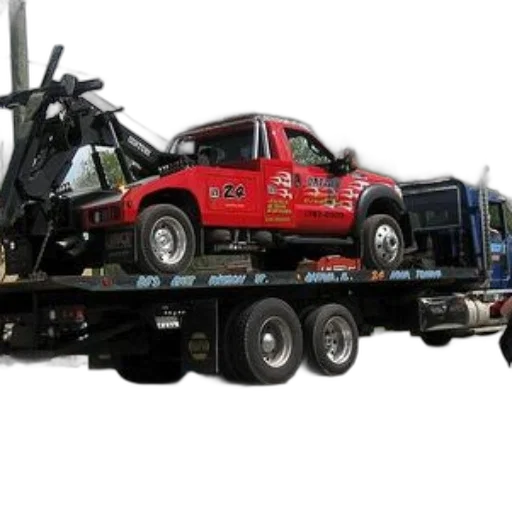 car, weapon, red, tow, truck, flames, being, transported transparent PNG cut-out
