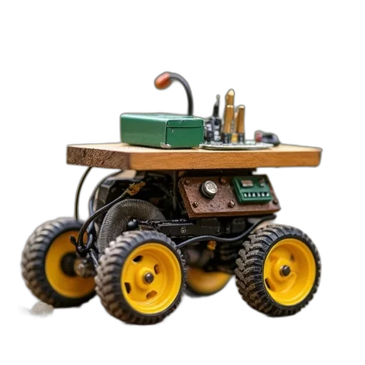 robot, car, 3d render, small, three-wheeled, wooden, body, yellow transparent PNG cut-out