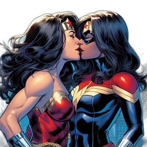 comic book art, two, female, superheroes, matching, costumes, exchange, tender transparent PNG cut-out
