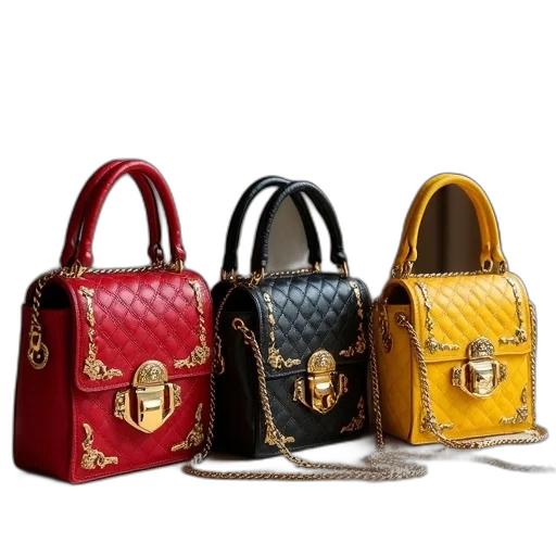 three, ornate, handbags, displayed, surface, first, bag, left transparent PNG cut-out