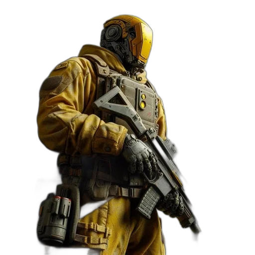 jacket, robot, weapon, staff, concept art, 3d render, fantasy art, cyberpunk transparent PNG cut-out