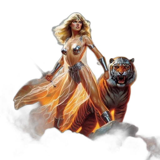 fantasy art, concept art, comic book art, photorealistic, fire, golden, blonde, woman transparent PNG cut-out