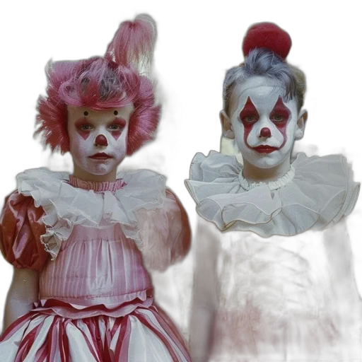 mask, two, children, dressed, clowns, elaborate, costumes, face transparent PNG cut-out