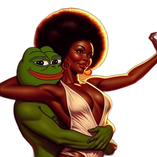 dress, weapon, woman, afro, hairstyle, hugs, smiling, green transparent PNG cut-out