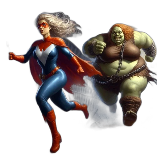 comic book art, concept art, fantasy art, 3d render, superheroine, blue, red, runs transparent PNG cut-out