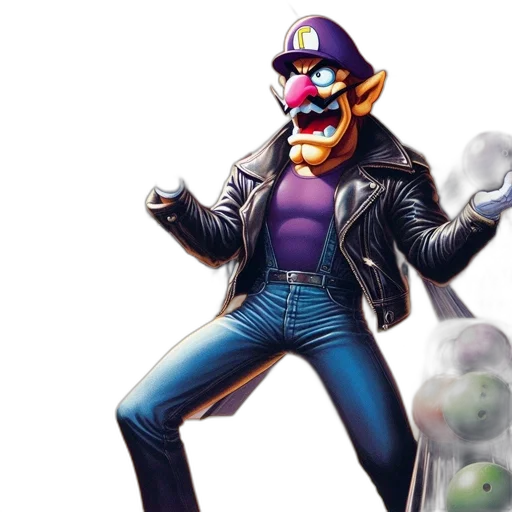 mask, jacket, weapon, concept art, 3d render, pixel art, vaporwave, waluigi-inspired transparent PNG cut-out