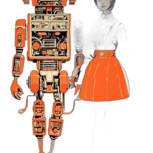 robot, dress, jacket, cyberpunk, concept art, comic book art, 3d render, monochrome transparent PNG cut-out