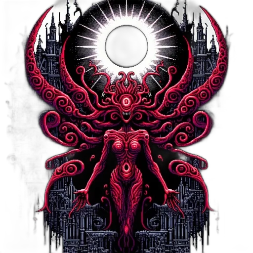creature, staff, concept art, fantasy art, pixel art, comic book art, outer space, red transparent PNG cut-out