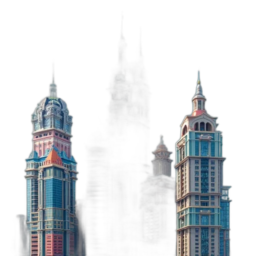 building, concept art, photorealistic, 3d render, cyberpunk, fog, city street, pastel transparent PNG cut-out