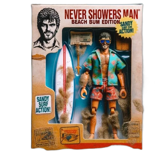 concept art, toy, box, named, never, showers, man, beach transparent PNG cut-out