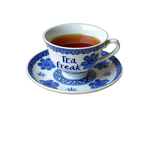 crown, 3d render, photorealistic, blue, white, porcelain, teacup, saucer transparent PNG cut-out