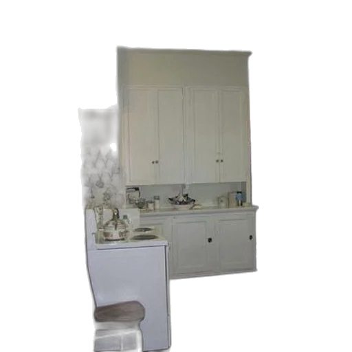 furniture, 3d render, small, kitchen, white, cabinets, stove, chair transparent PNG cut-out