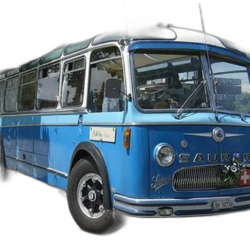 car, photorealistic, 3d render, vintage, blue, bus, word, saurer transparent PNG cut-out