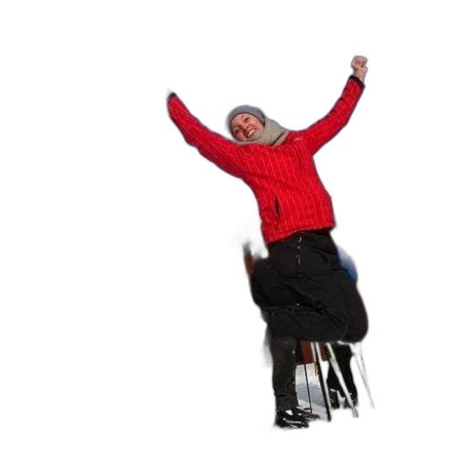 staff, furniture, woman, red, jacket, holds, her, skis transparent PNG cut-out