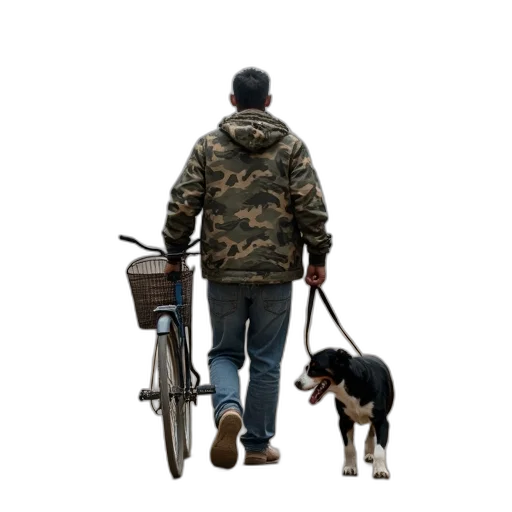 jacket, animal, staff, photorealistic, concept art, man, camouflage, walking transparent PNG cut-out