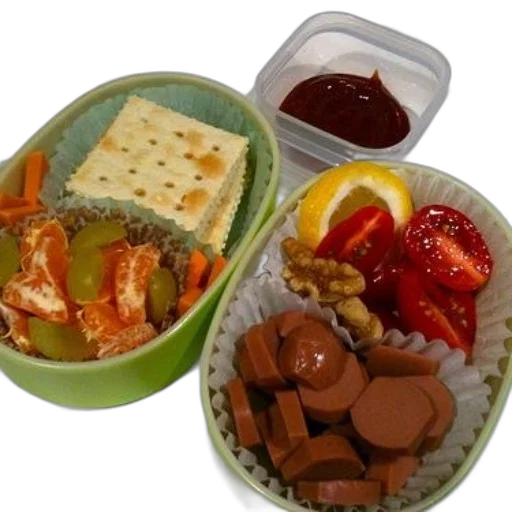food, bento, box, crackers, carrots, tomatoes, sausage transparent PNG cut-out