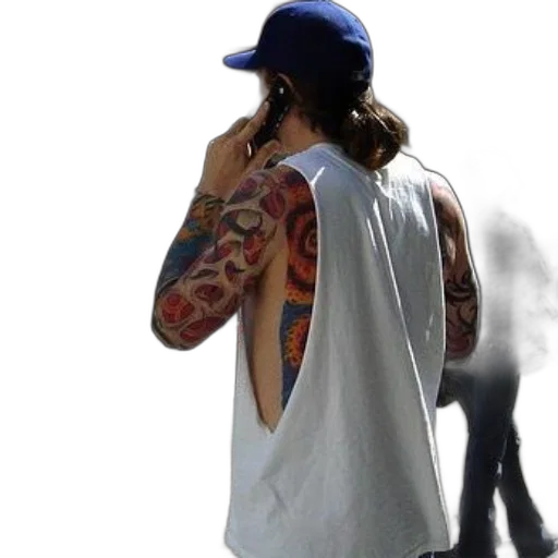 hat, person, colorful, tattoos, their, arm, back, talks transparent PNG cut-out
