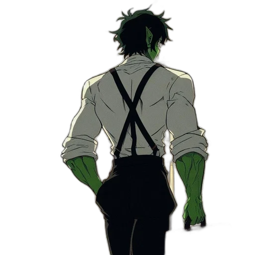 staff, jacket, weapon, comic book art, concept art, anime, cartoon, green transparent PNG cut-out