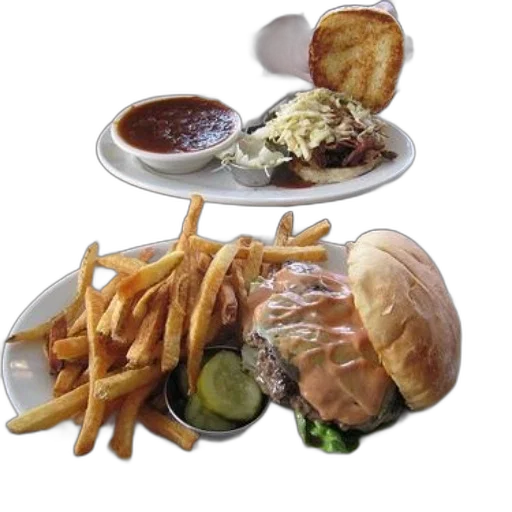 food, photorealistic, 3d render, plate, fries, burger, sauce, top transparent PNG cut-out